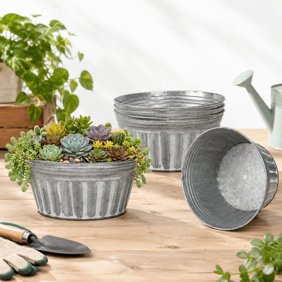 10 Inch Shallow Galvanized Planters 4 Pack Metal Succulent Pots