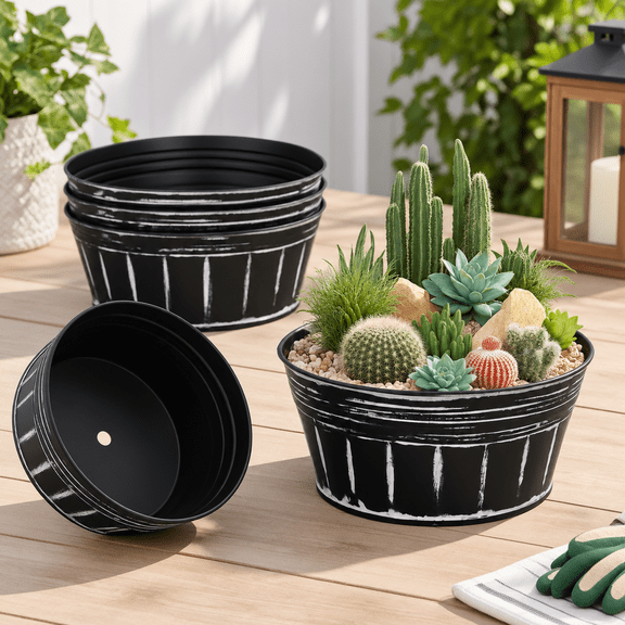 10 Inch Shallow Galvanized Planters 4 Pack Metal Succulent Pots