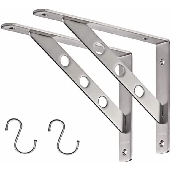 10 Inch Shelf Bracket, Heavy Duty L Bracket with 2 S Hook, 2 Pack | Stainless Steel, 330 LB Load Capacity, 4mm Thick Brace, Hanging Hole Design, Easy Installation, Indoor & Outdoor Use