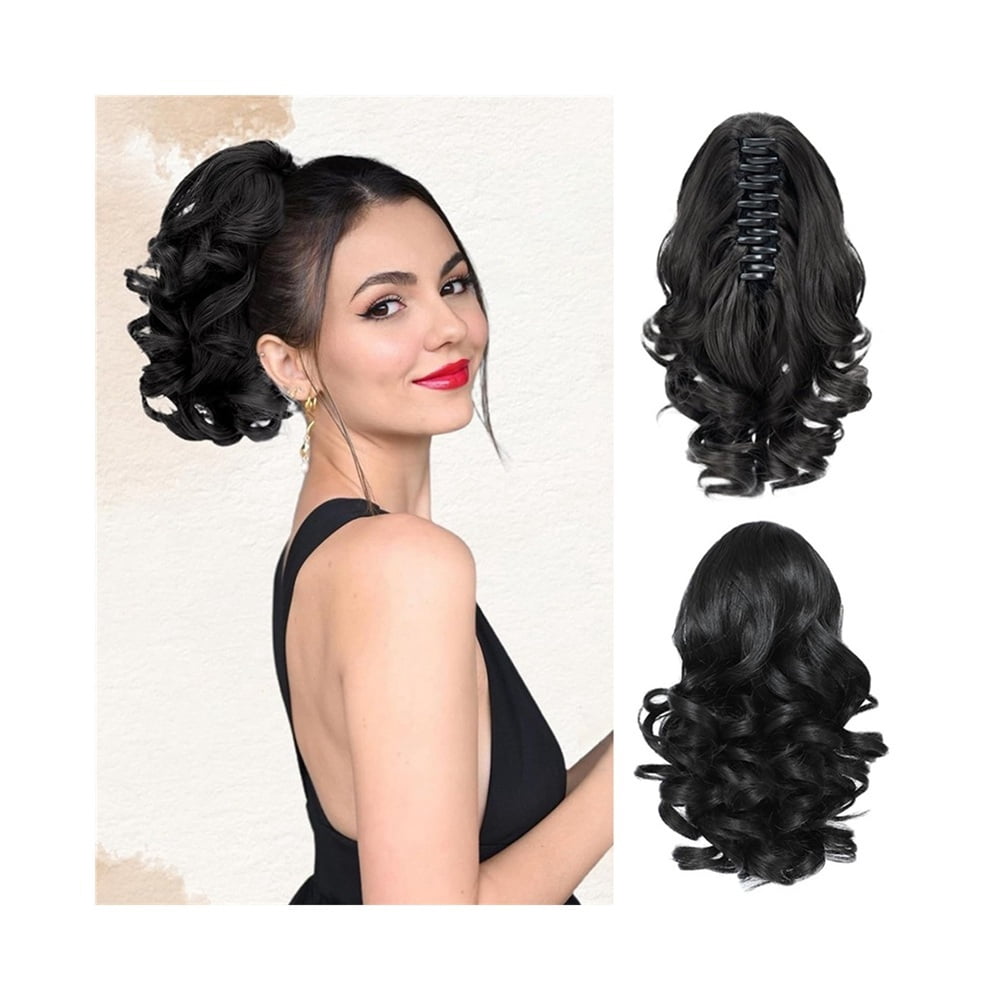 10 Inch Short Claw Clip Pony Tail Loose Wavy Synthetic Faux Hairpiece Clip in Black Hair Extensions