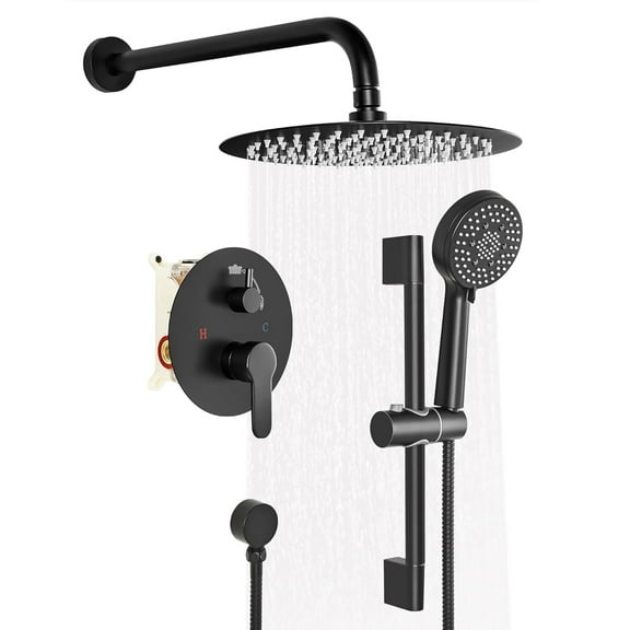 10-Inch Shower System, Slide Bar Shower Faucets Sets Complete Round Shower Heads and 5-Spray Handheld Combo, Wall Mounted Matte Black Shower Faucet