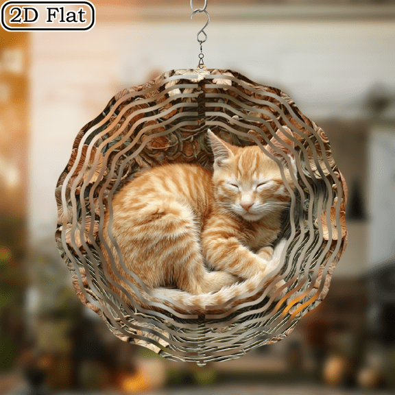 10-Inch-Sided Metal Wind Chime with Peaceful Slumbering Cat Blooming Florals Vibrant Orange White Design, OutdoorIndoor Decor for Cat Lovers, Mother'S Day Housewarming Gifts, Cat Decor, In