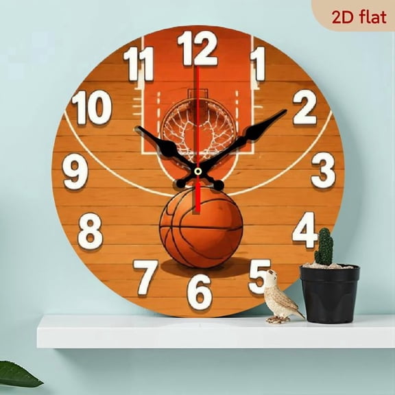 10-Inch Silent Basketball Wall Clock - Faux Wood Finish, Quiet Quartz Movement, Black Background with White Digits and Hoop Art, Great for Bedroom or Office Decor