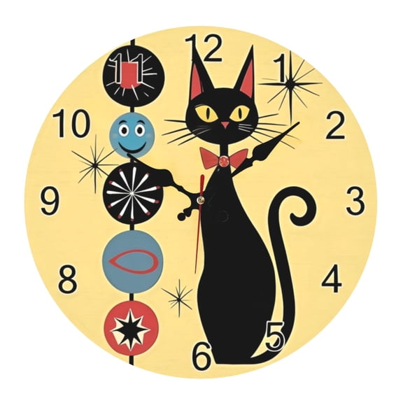 10 Inch Silent Non Ticking Modern Cool Cat Clocks - Retro Atomic Era Mid Century Wall Clock - Battery Operated Round Wall Clock Retro Rustic Style Hanging Clock for Home Office School