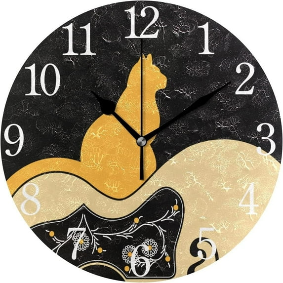 10 Inch Silent Non Ticking Round Wall Clock, Guitar and Cat Home Decor Battery Operated for Living Room, Kitchen, Bedroom