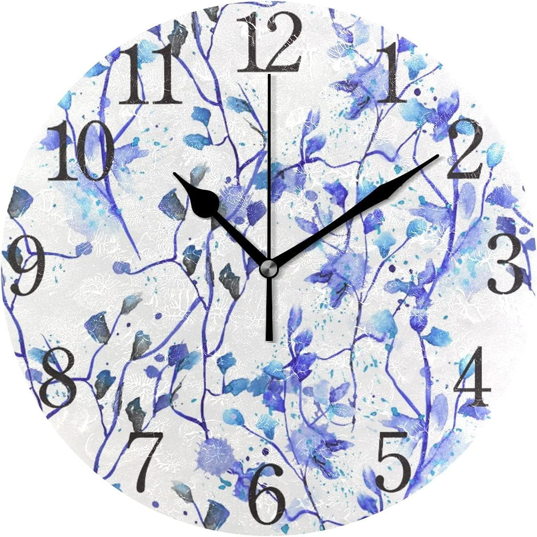 10 Inch Silent Non Ticking Round Wall Clock, Watercolor Blue Flowers ...