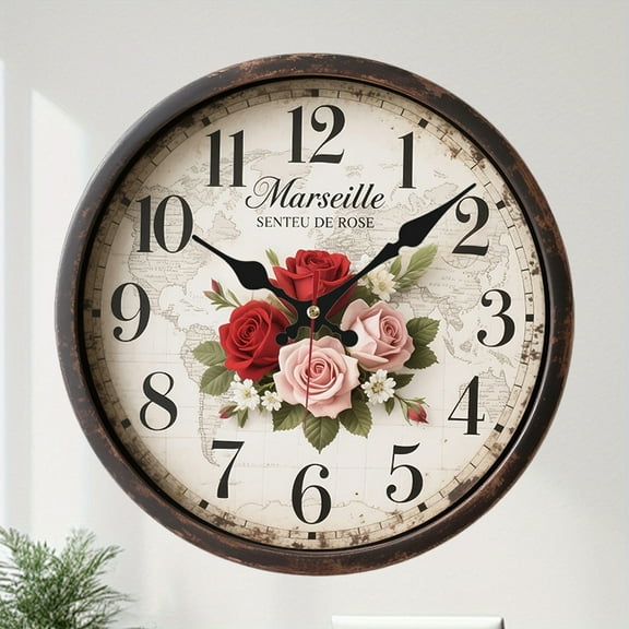 10 Inch Silent Retro Rose Wall Clock Battery Operated Silent Non Ticking Clocks for Living Room Decor Kitchen Living
