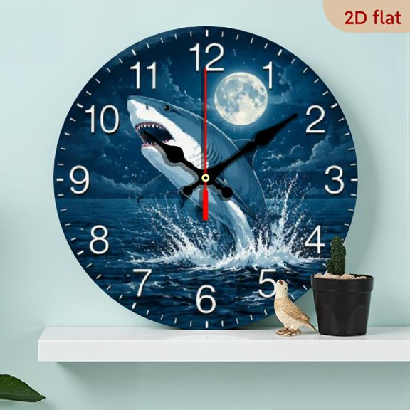 10 Inch Silent Shark Ocean Wall Clock - Battery-Operated, Round Wooden Home Decor (AA Battery Excluded)