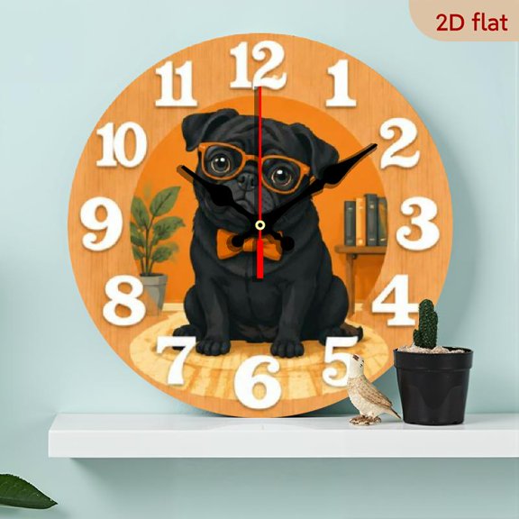10 Inch Silent Wall Clock - Cute Black Pug Art, Non-Glowing Orange Dial with White Digits, Ideal for Home Decor or Gifting