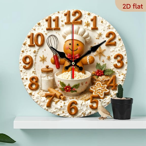 10 Inch Silent Wall Clock - Gingerbread Snowflake Theme, Red Numbers & Wood Look, Japanese Quartz, Battery Operated (AA Not Included) for Christmas Home Decor