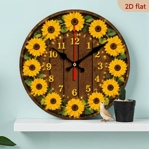 10 Inch Silent Wall Clock - Sunflower Galaxy Art, Round Wooden Decorative Timepiece for Bedroom, Living Room, Celestial Home Decor (AA Battery Required)