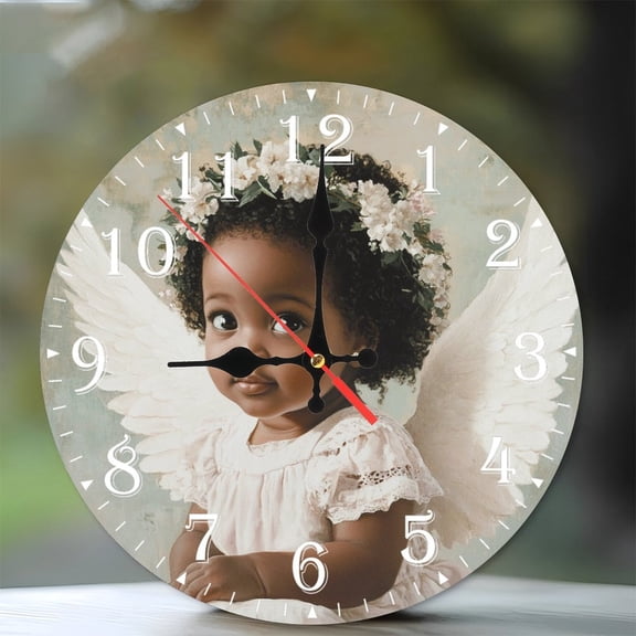 10-Inch Silent Wooden Wall Clock, " Angel Baby Clock Floral Crown "  Silent Non-Ticking Clock, Battery Operated (AA Batteries Not Included), Artistic Home Decor