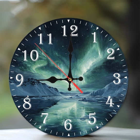 10-Inch Silent Wooden Wall Clock, " Arctic Aurora Clock Face Design " Silent Non-Ticking Clock, Battery Operated (AA Batteries Not Included), Artistic Home Decor
