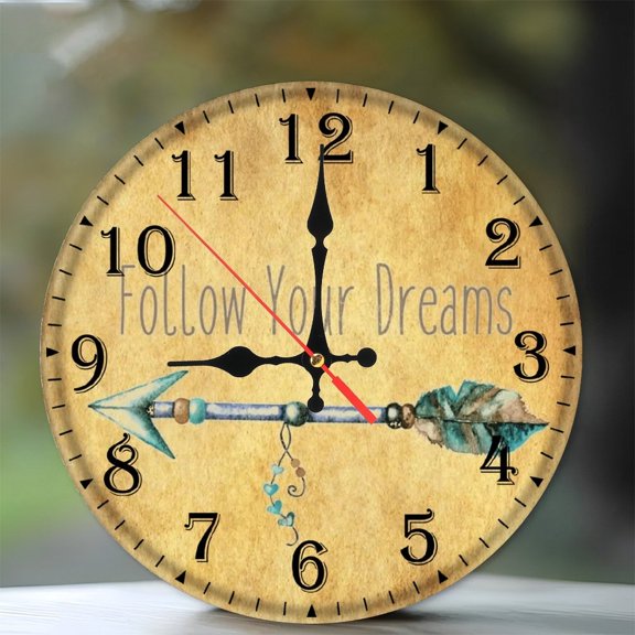 10-Inch Silent Wooden Wall Clock, " Arrow Clock Face Follow Your Dreams " Silent Non-Ticking Clock, Battery Operated (AA Batteries Not Included), Artistic Home Decor