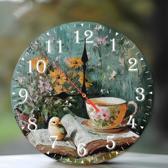 10-Inch Silent Wooden Wall Clock, " Bird Resting on Open Book Near Teacup " Silent Non-Ticking Clock, Battery Operated (AA Batteries Not Included), Artistic Home Decor