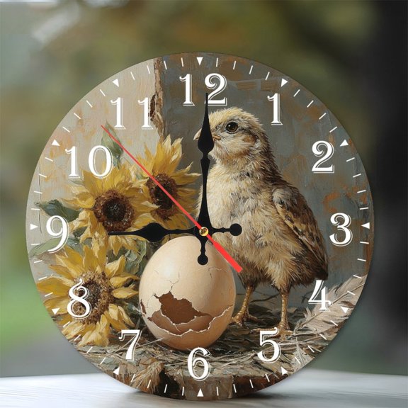 10-Inch Silent Wooden Wall Clock, " Chick Beside Cracked Egg Sunflowers Clock "  Silent Non-Ticking Clock, Battery Operated (AA Batteries Not Included), Artistic Home Decor