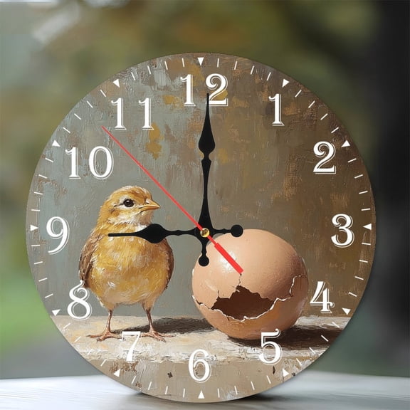 10-Inch Silent Wooden Wall Clock, " Chick Beside Cracked Eggshell Clock "  Silent Non-Ticking Clock, Battery Operated (AA Batteries Not Included), Artistic Home Decor