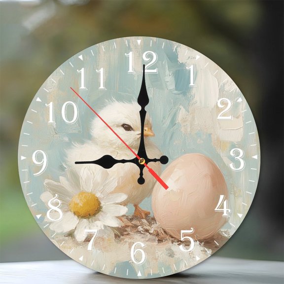 10-Inch Silent Wooden Wall Clock, " Chick Beside Egg Near Daisy Clock "  Silent Non-Ticking Clock, Battery Operated (AA Batteries Not Included), Artistic Home Decor
