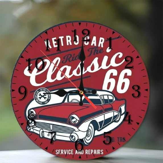 10-Inch Silent Wooden Wall Clock, " Classic Car Clock Route 66 Design " Silent Non-Ticking Clock, Battery Operated (AA Batteries Not Included), Artistic Home Decor