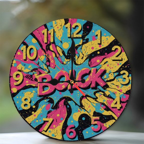 10-Inch Silent Wooden Wall Clock, " Colorful Splash Art Wall Clock Retro Funky Clock " Silent Non-Ticking Clock, Battery Operated (AA Batteries Not Included), Artistic Home Decor
