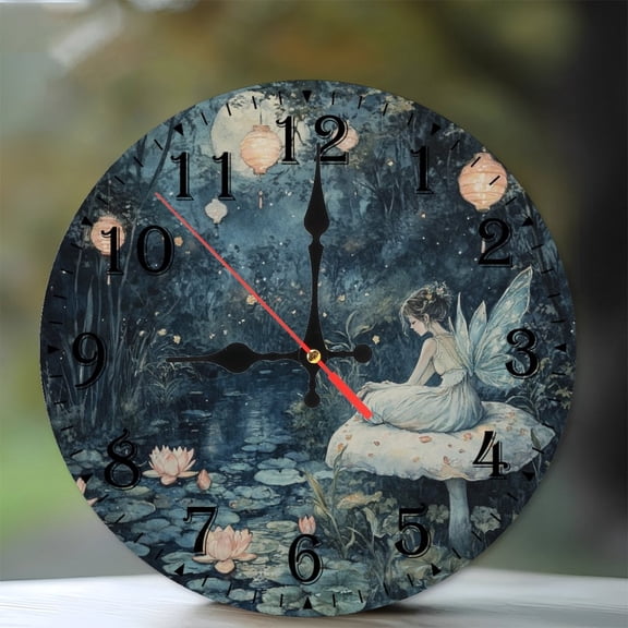 10-Inch Silent Wooden Wall Clock, " Fairy Resting on Mushroom Near Moonlit Pond "  Silent Non-Ticking Clock, Battery Operated (AA Batteries Not Included), Artistic Home Decor
