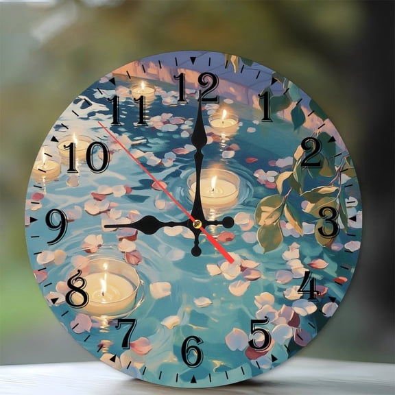 10-Inch Silent Wooden Wall Clock, " Floating Candles Serene Water Petals " Silent Non-Ticking Clock, Battery Operated (AA Batteries Not Included), Artistic Home Decor