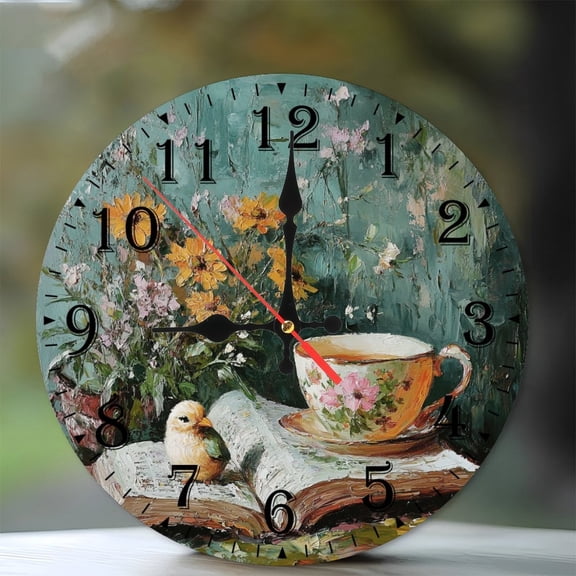 10-Inch Silent Wooden Wall Clock, " Floral Clock Painting Teacup Bird Book " Silent Non-Ticking Clock, Battery Operated (AA Batteries Not Included), Artistic Home Decor