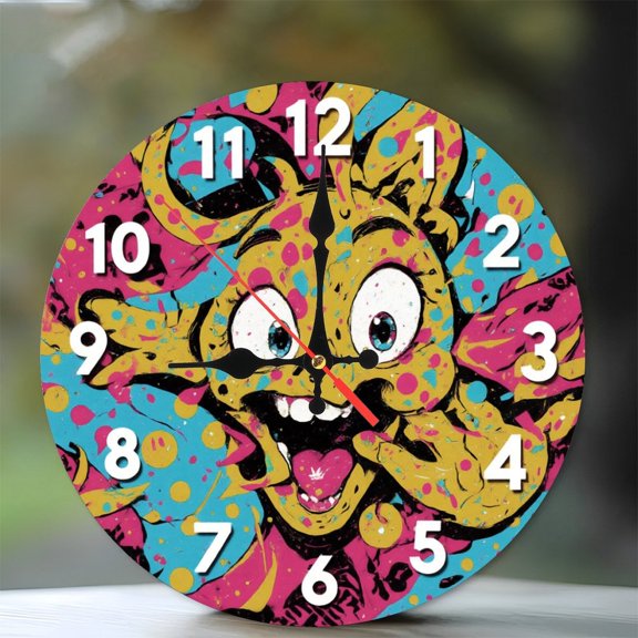 10-Inch Silent Wooden Wall Clock, " Funky Cartoon Clock Wall Art Home Decor "  Silent Non-Ticking Clock, Battery Operated (AA Batteries Not Included), Artistic Home Decor