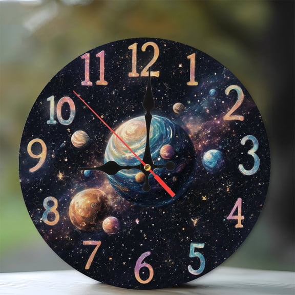 10-Inch Silent Wooden Wall Clock, " Galaxyspace Universe Planets Clock Wall Decor " Silent Non-Ticking Clock, Battery Operated (AA Batteries Not Included), Artistic Home Decor