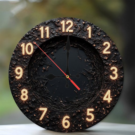 10-Inch Silent Wooden Wall Clock, " Glowing Lava Rock Wall Clock Dark Rustic Decor " Silent Non-Ticking Clock, Battery Operated (AA Batteries Not Included), Artistic Home Decor