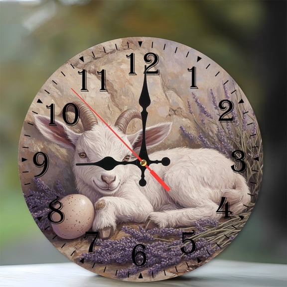 10-Inch Silent Wooden Wall Clock, " Kid Goat Resting Lavender Clock Face " Silent Non-Ticking Clock, Battery Operated (AA Batteries Not Included), Artistic Home Decor