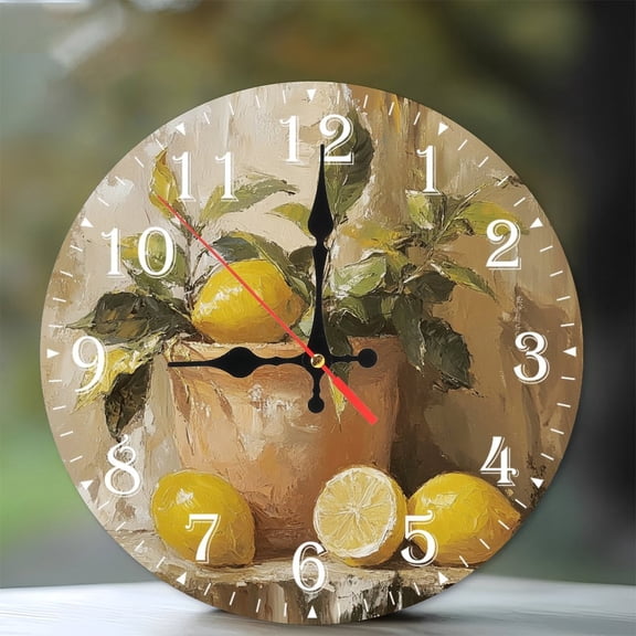 10-Inch Silent Wooden Wall Clock, " Lemons in Terracotta Pot Clock " Silent Non-Ticking Clock, Battery Operated (AA Batteries Not Included), Artistic Home Decor