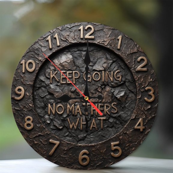 10-Inch Silent Wooden Wall Clock, " Motivational Bronze Wall Clock Keep Going No Matter What " Silent Non-Ticking Clock, Battery Operated (AA Batteries Not Included), Artistic Home Decor