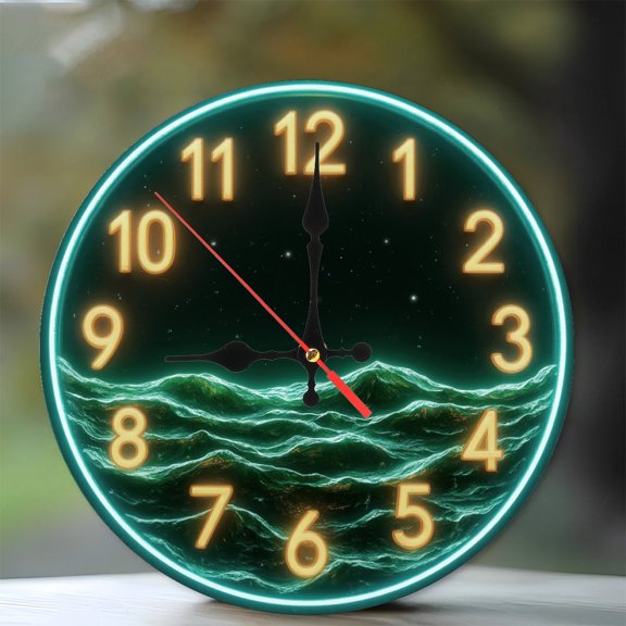 Neon Clock Waves Starry Night 10-Inch Silent Wooden Wall Clock, Battery Operated (AA Batteries Not Included), Artistic Home Decor