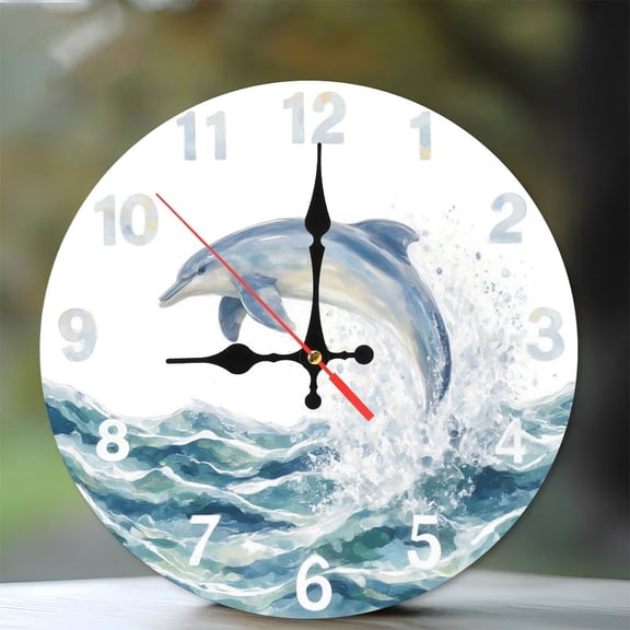 10-Inch Silent Wooden Wall Clock, " Ocean Dolphin Jumping Wall Clock Aquatic Animal Decor " Silent Non-Ticking Clock, Battery Operated (AA Batteries Not Included), Artistic Home Decor