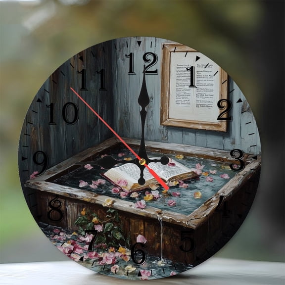 10-Inch Silent Wooden Wall Clock, " Open Book Floats in Rose Petal Bath "  Silent Non-Ticking Clock, Battery Operated (AA Batteries Not Included), Artistic Home Decor