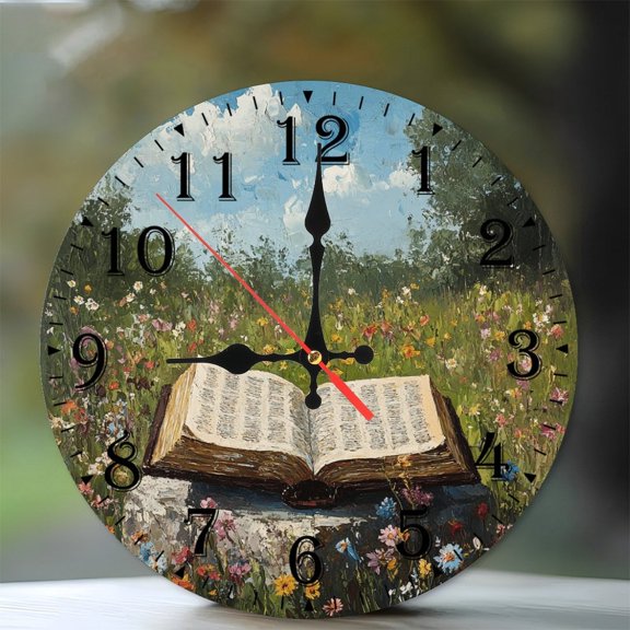 10-Inch Silent Wooden Wall Clock, " Open Book in Wildflower Meadow Clock " Silent Non-Ticking Clock, Battery Operated (AA Batteries Not Included), Artistic Home Decor