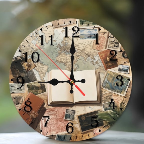 10-Inch Silent Wooden Wall Clock, " Open Book on World Map with Vintage Postcards " Silent Non-Ticking Clock, Battery Operated (AA Batteries Not Included), Artistic Home Decor