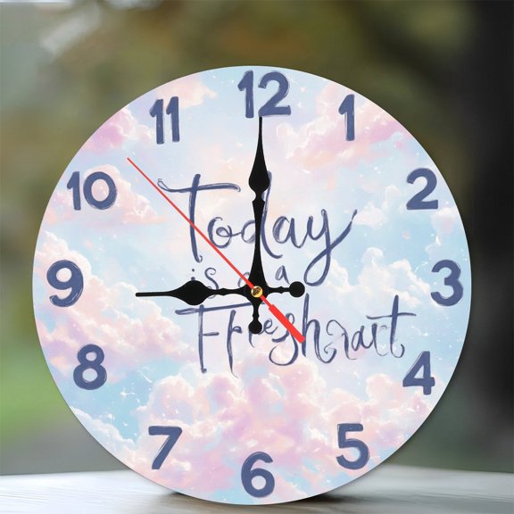 Pastel Cloudscape Wall Clock Inspirational Quote Today Is A Fresh Start 10-Inch Silent Wooden Wall Clock, Battery Operated (AA Batteries Not Included), Artistic Home Decor