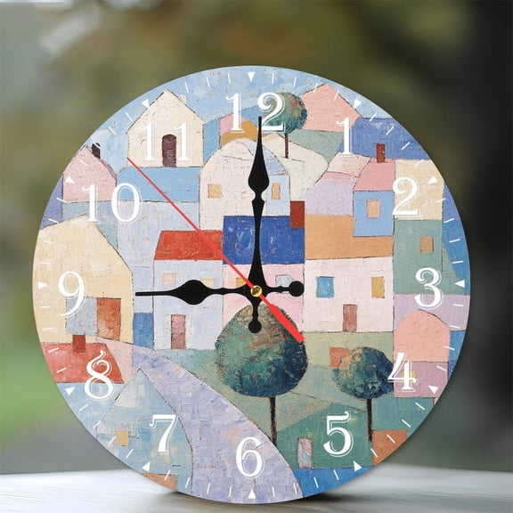10-Inch Silent Wooden Wall Clock, " Pastel Village Clock Face Design "  Silent Non-Ticking Clock, Battery Operated (AA Batteries Not Included), Artistic Home Decor