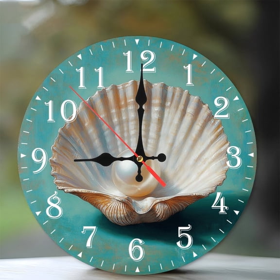 10-Inch Silent Wooden Wall Clock, " Pearl Nestled in Seashell Clock Face "  Silent Non-Ticking Clock, Battery Operated (AA Batteries Not Included), Artistic Home Decor