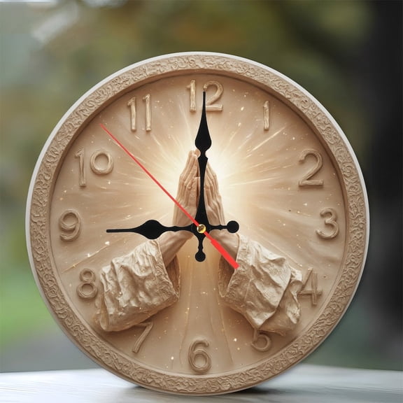 10-Inch Silent Wooden Wall Clock, " Prayer Hands Clock Wall Decor Religious Faith Timepiece "  Silent Non-Ticking Clock, Battery Operated (AA Batteries Not Included), Artistic Home Decor