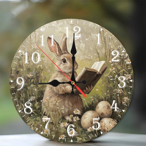 10-Inch Silent Wooden Wall Clock, " Rabbit Reading Book in Floral Garden "  Silent Non-Ticking Clock, Battery Operated (AA Batteries Not Included), Artistic Home Decor