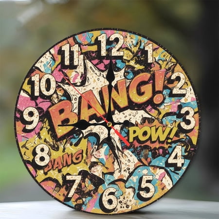 Retro Comic Book Style Clock Wall Art Bang Pow 10-Inch Silent Wooden Wall Clock, Battery Operated (AA Batteries Not Included), Artistic Home Decor