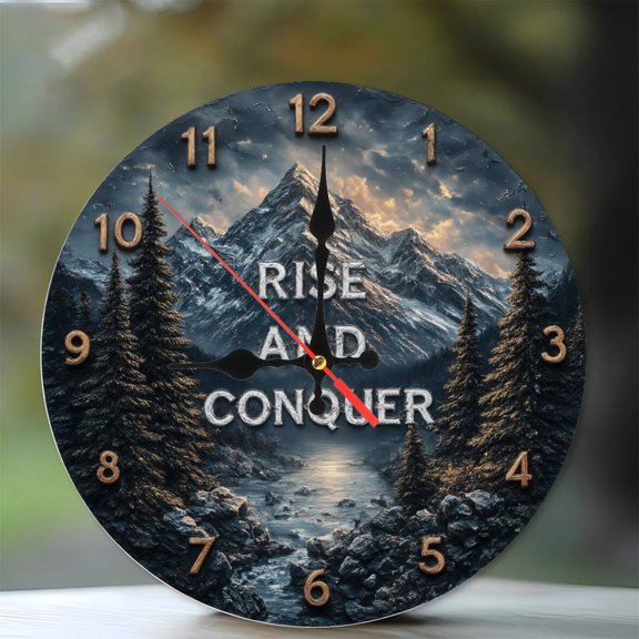 10-Inch Silent Wooden Wall Clock, " Rise And Conquer Mountain River Wall Clock Inspirational Home Decor " Silent Non-Ticking Clock, Battery Operated (AA Batteries Not Included), Artistic Home Decor