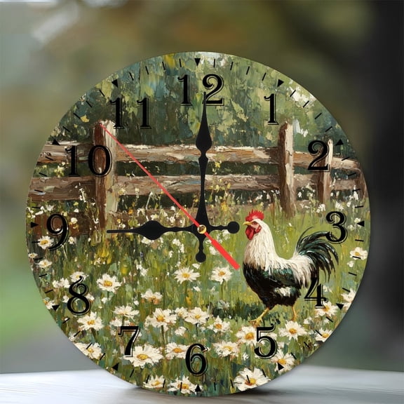 10-Inch Silent Wooden Wall Clock, " Rooster in Daisy Field Near Fence "  Silent Non-Ticking Clock, Battery Operated (AA Batteries Not Included), Artistic Home Decor