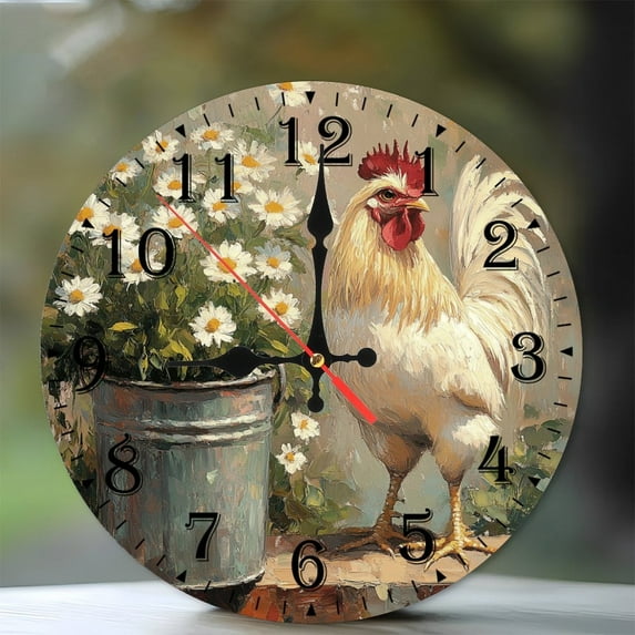 10-Inch Silent Wooden Wall Clock, " Rooster Near Daisies in A Bucket Clock " Silent Non-Ticking Clock, Battery Operated (AA Batteries Not Included), Artistic Home Decor