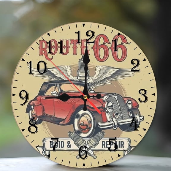 10-Inch Silent Wooden Wall Clock, " Route66 Clock Classiccar Winged Design " Silent Non-Ticking Clock, Battery Operated (AA Batteries Not Included), Artistic Home Decor