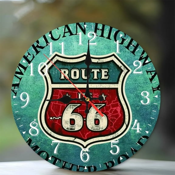 10-Inch Silent Wooden Wall Clock, " Route66 Clock Vintage Design " Silent Non-Ticking Clock, Battery Operated (AA Batteries Not Included), Artistic Home Decor
