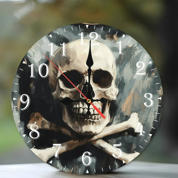 10-Inch Silent Wooden Wall Clock, " Skull Clock Crossbones Painted Texture " Silent Non-Ticking Clock, Battery Operated (AA Batteries Not Included), Artistic Home Decor